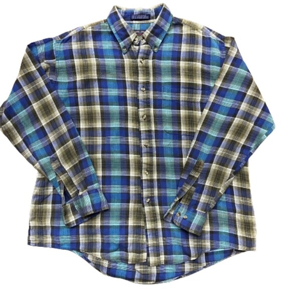Members Only Vintage 80s Plaid Flannel Blue Grey Button Down Shirt Men's Large - Picture 1 of 7